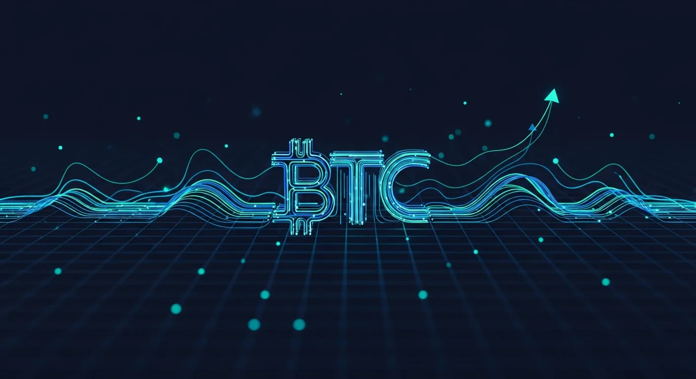 Abstract editorial data-visualization illustration in balanced, blue-toned tones representing BTC and the broader cryptocurrency market — crypto scenario analysis.