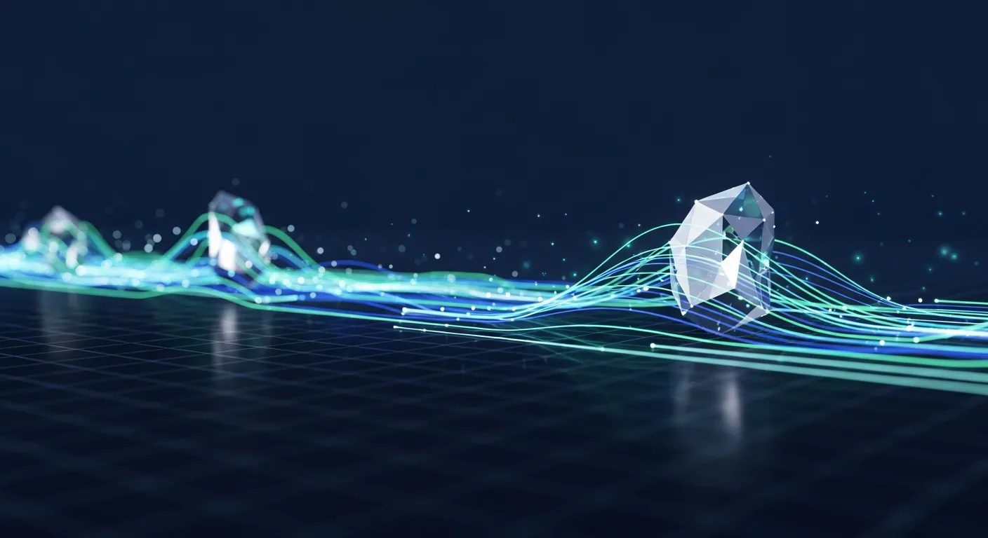 Abstract editorial data-visualization illustration in balanced, blue-toned tones representing ETH and the broader cryptocurrency market — crypto scenario analysis.