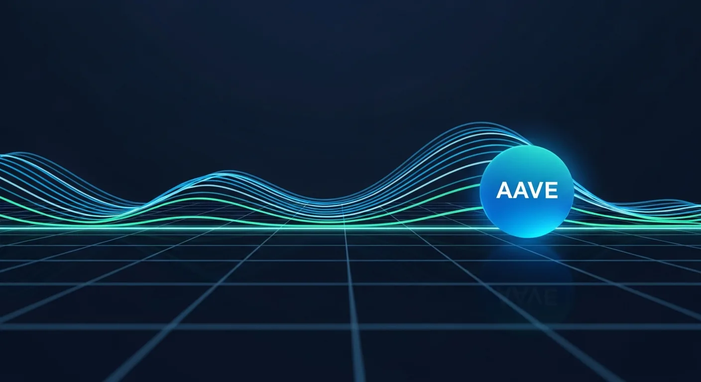 Abstract editorial data-visualization illustration in balanced, blue-toned tones representing AAVE and the broader cryptocurrency market — crypto scenario analysis.