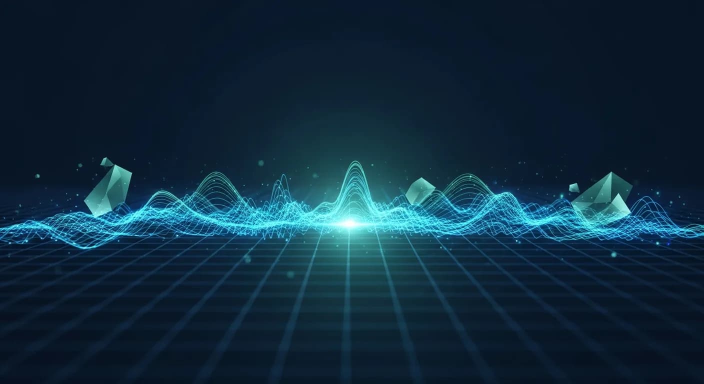 Abstract editorial data-visualization illustration in balanced, blue-toned tones representing BTC and the broader cryptocurrency market — crypto scenario analysis.