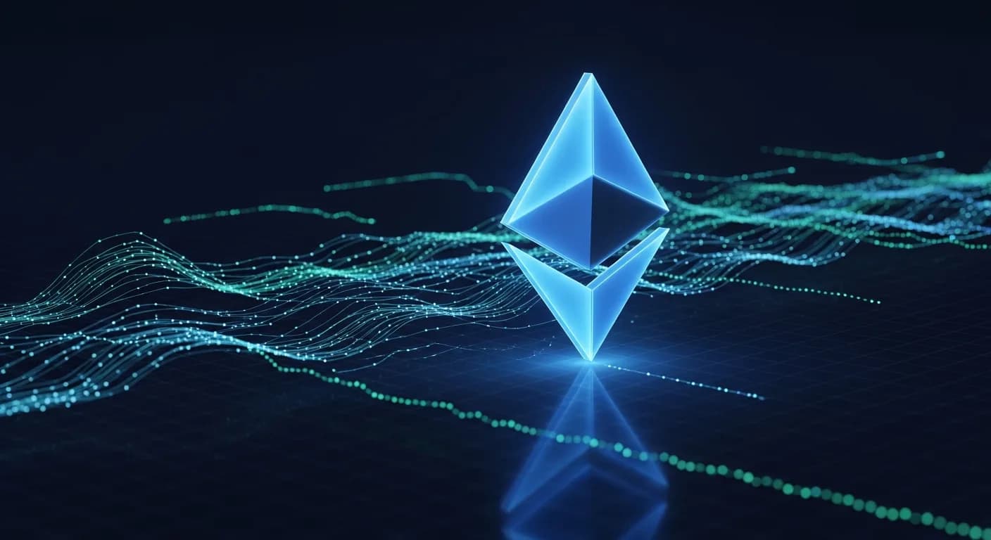Abstract editorial data-visualization illustration in balanced, blue-toned tones representing ETH and the broader cryptocurrency market — crypto scenario analysis.