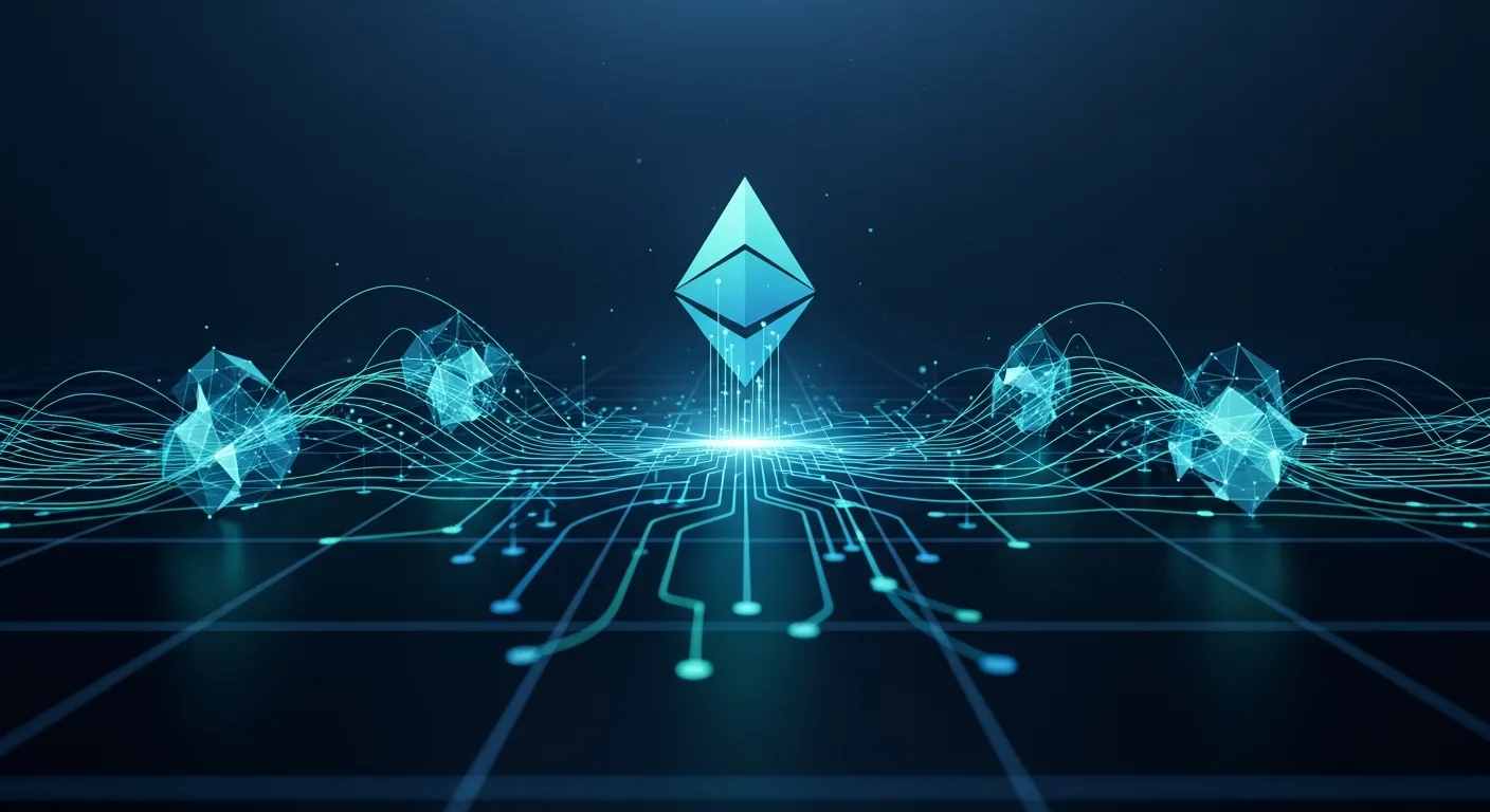 Abstract editorial data-visualization illustration in balanced, blue-toned tones representing ETH and the broader cryptocurrency market — crypto scenario analysis.