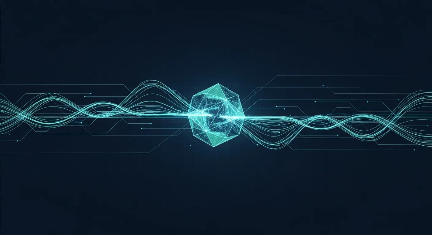 Abstract editorial data-visualization illustration in balanced, blue-toned tones representing BTC and the broader cryptocurrency market — crypto scenario analysis.