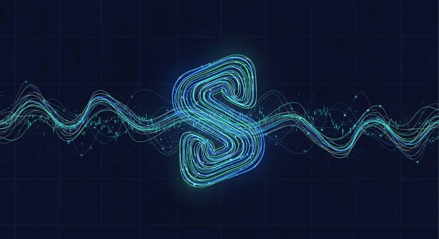 Abstract editorial data-visualization illustration in balanced, blue-toned tones representing SOL and the broader cryptocurrency market — crypto scenario analysis.
