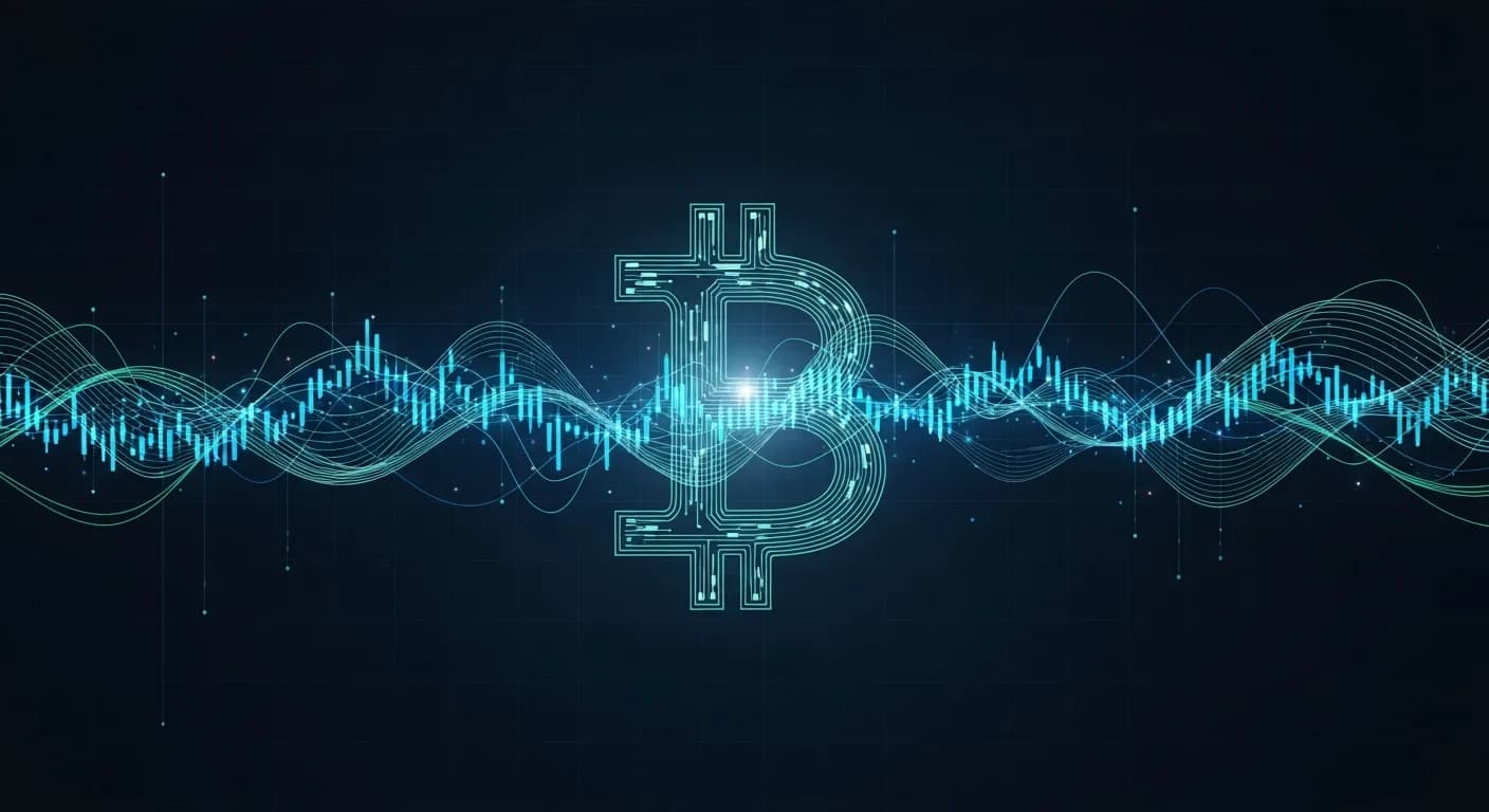 Abstract editorial data-visualization illustration in balanced, blue-toned tones representing BTC and the broader cryptocurrency market — crypto scenario analysis.