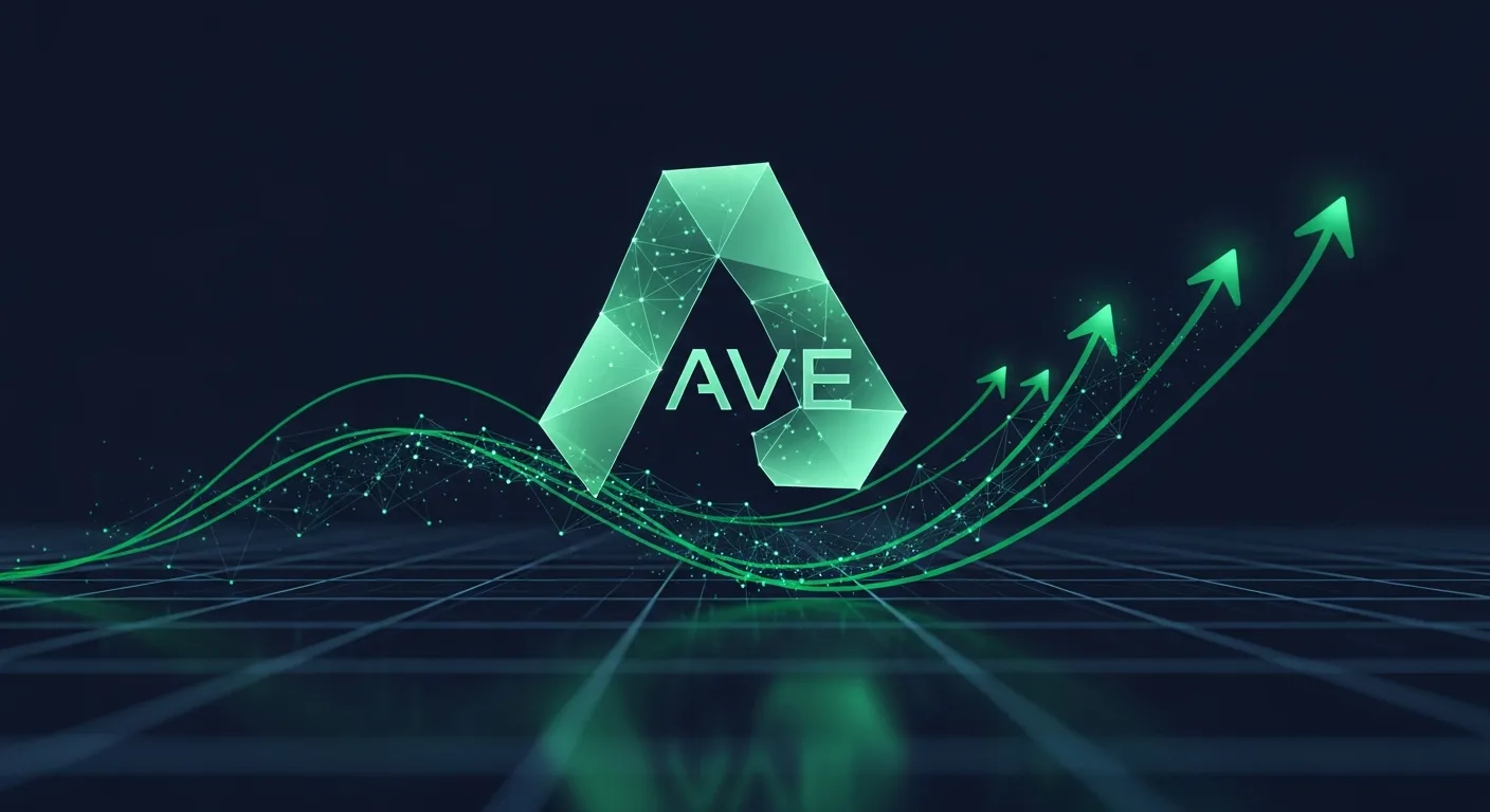 Abstract editorial data-visualization illustration in emerald-green, upward-flowing tones representing AAVE and the broader cryptocurrency market — crypto scenario analysis.