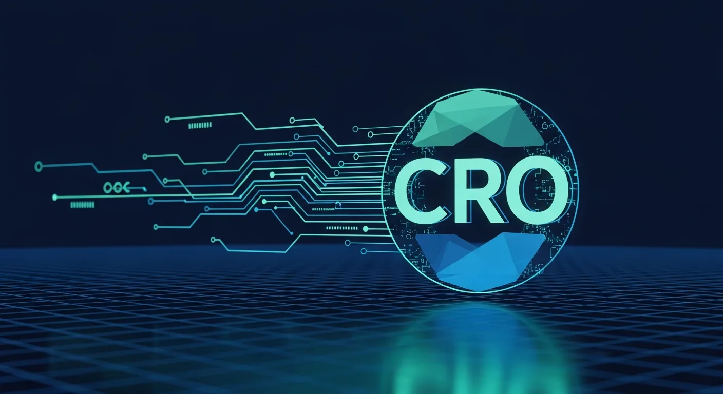 Abstract editorial data-visualization illustration in balanced, blue-toned tones representing CRO and the broader cryptocurrency market — crypto scenario analysis.