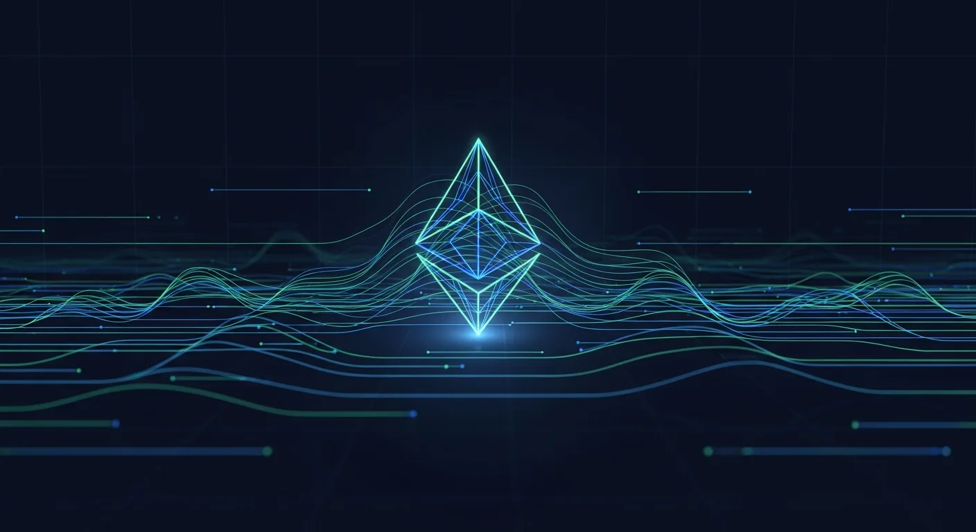 Abstract editorial data-visualization illustration in balanced, blue-toned tones representing ETH and the broader cryptocurrency market — crypto scenario analysis.