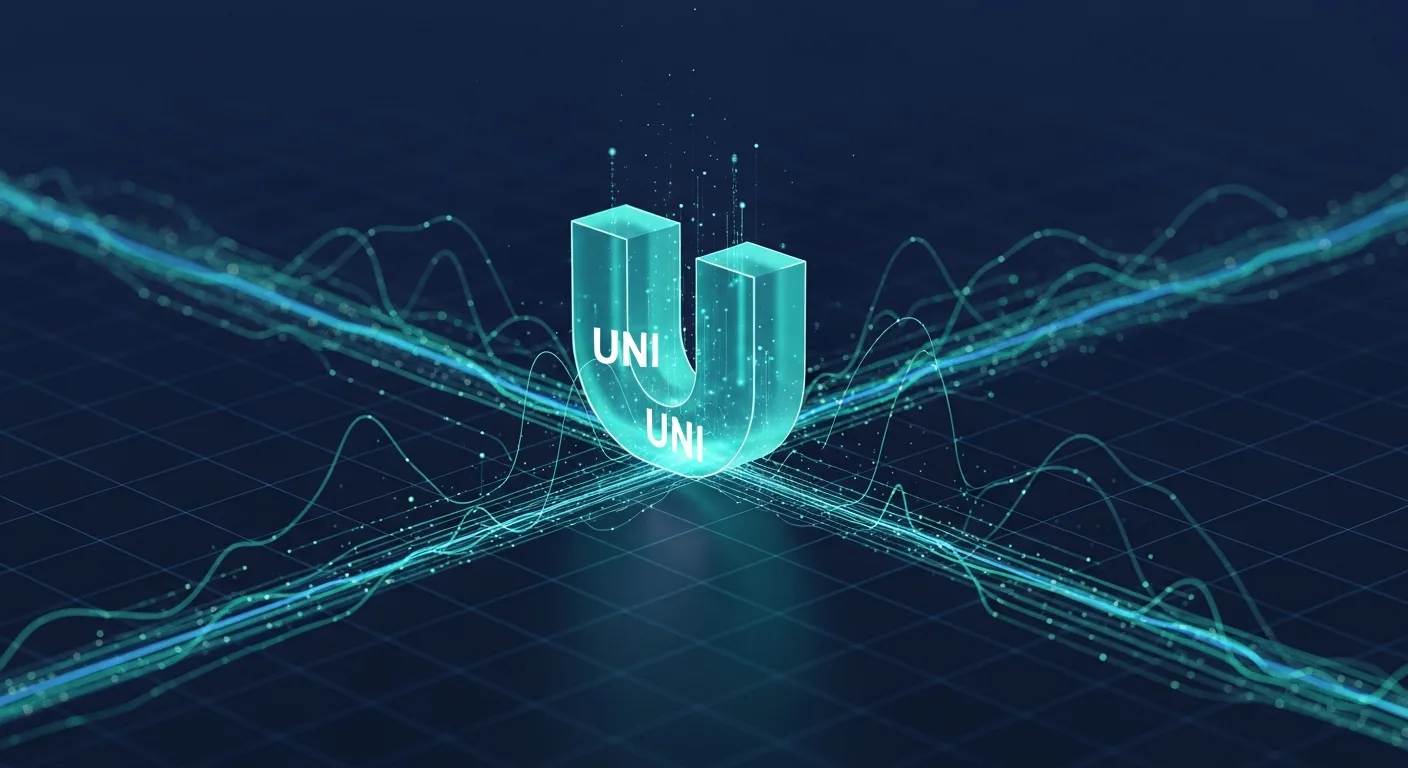 Abstract editorial data-visualization illustration in balanced, blue-toned tones representing UNI and the broader cryptocurrency market — crypto scenario analysis.