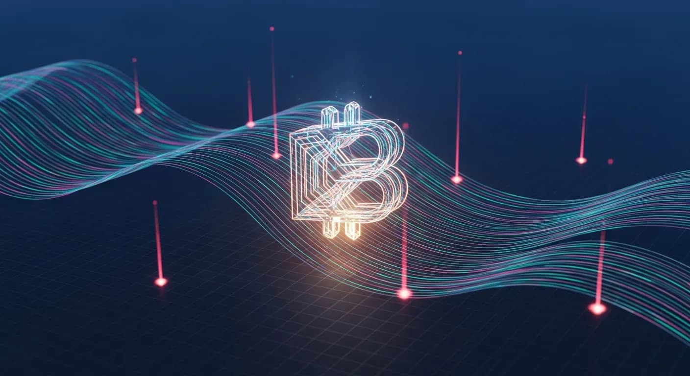 Abstract editorial data-visualization illustration in crimson, downward-flowing tones representing BNB and the broader cryptocurrency market — crypto scenario analysis.