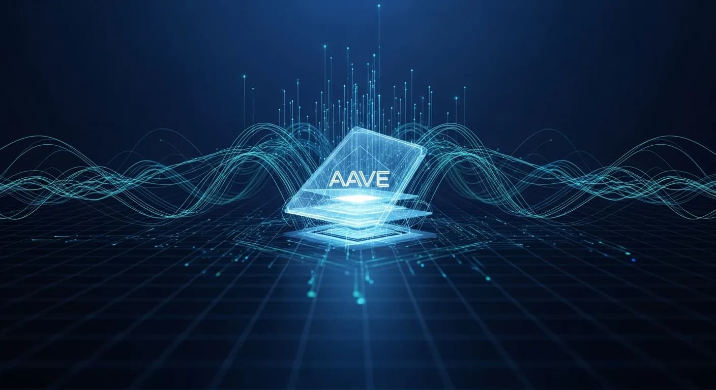 Abstract editorial data-visualization illustration in balanced, blue-toned tones representing AAVE and the broader cryptocurrency market — crypto scenario analysis.